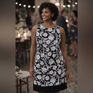 Alyx shift dress size 10 floral print novelty sleeveless black white midi casual